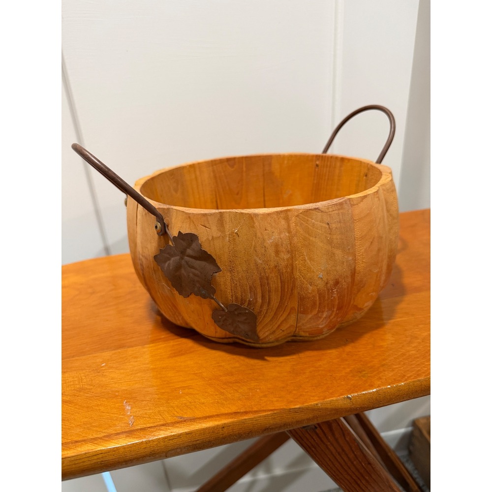 Rustic Carved Wooden Pumpkin Bowl Centerpiece with Metal Handles Fall Decor
